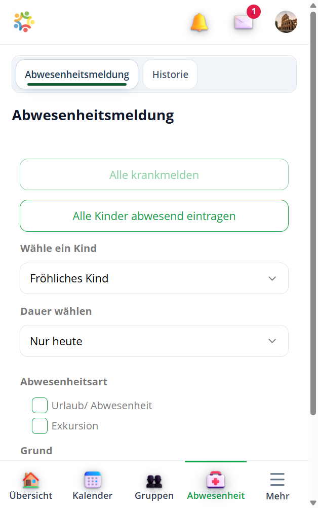 Abwesenheitsmeldung der Kita-App Stramplerbande