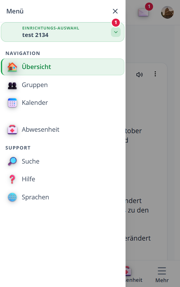 Menü der Kita-App Stramplerbande mit Übersicht, Gruppen, Kalender und Abwesenheit
