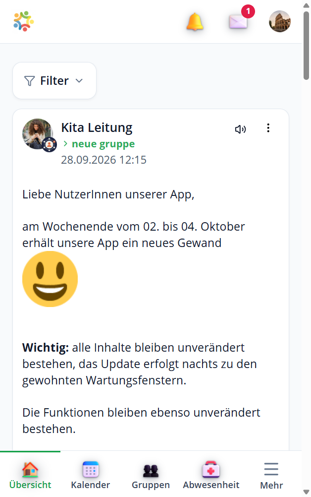 Startbildschirm der Kita-App Stramplerbande mit Menüleiste am unteren Bildschirmrand